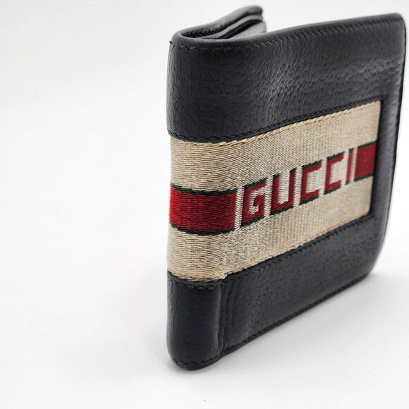 GUCCI Men's Bifold Wallet-Logo Stripe Web Black Leather - Picture 17 of 17